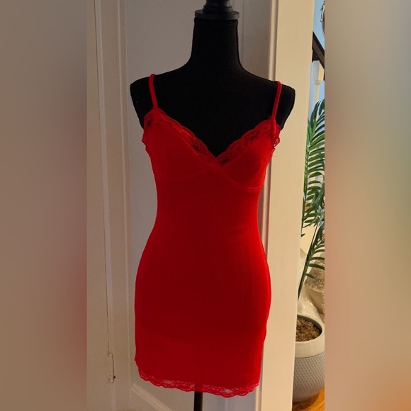 Urban Outfitters red mini dress small. Stretchy, lace. New with Tags, small flaw - Picture 1 of 8